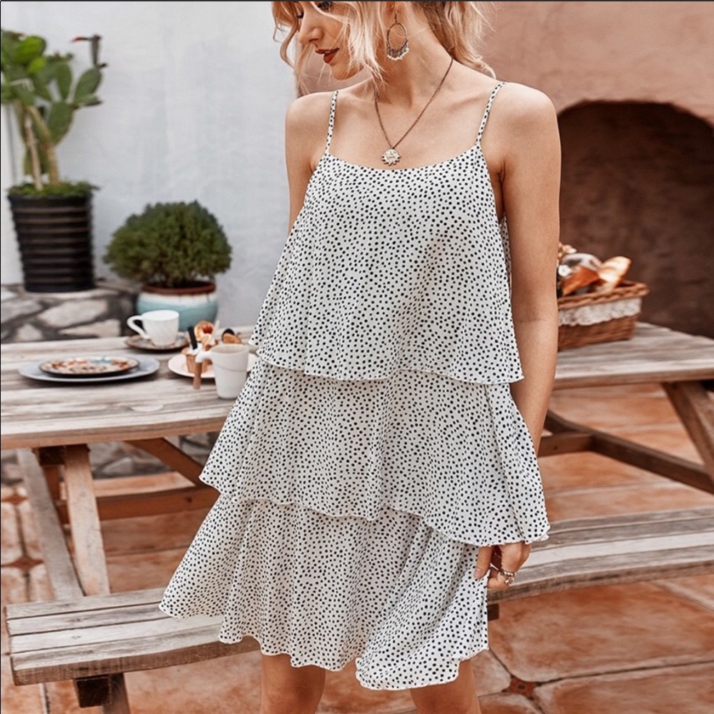 NEW white and black polka dot tiered midi …